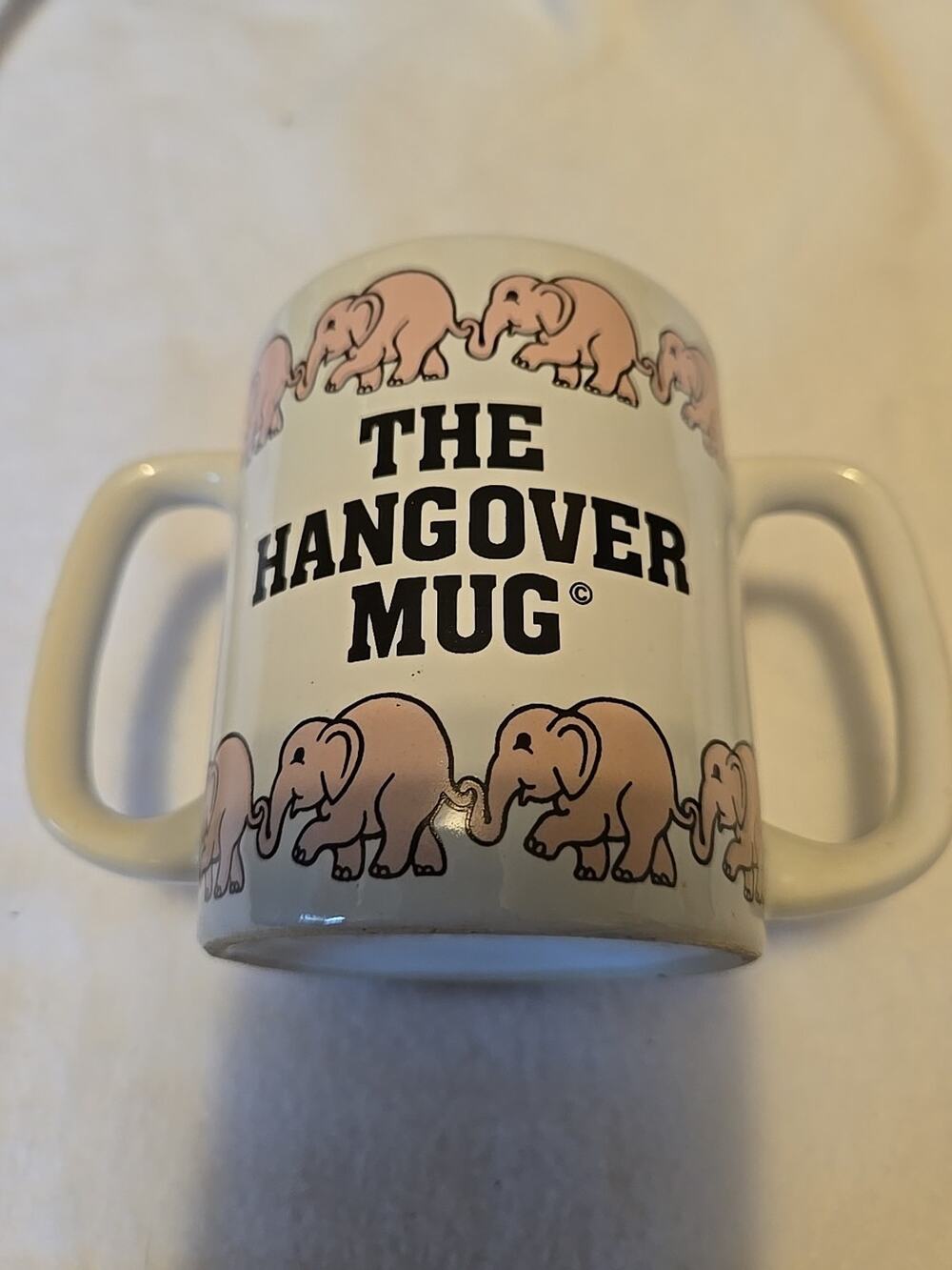 The Hangover Coffee Mug Double Handled Pink Elephant Double Handle Vintage 1983